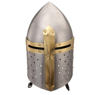 Medieval Metal Crusader Helmet, Gold and Silver