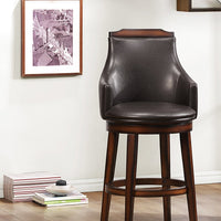 Wood & Leather Bar Height Chair With Swivel Mechanism, Oak Brown & Black, Set Of 2