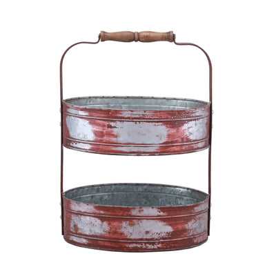 Two Tiered Galvanized Iron Tray, Red And Gray