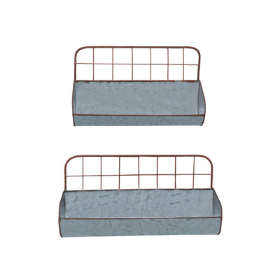 Galvanized Metal Wall Iron Shelves With Wired Back, Set Of 2, Gray