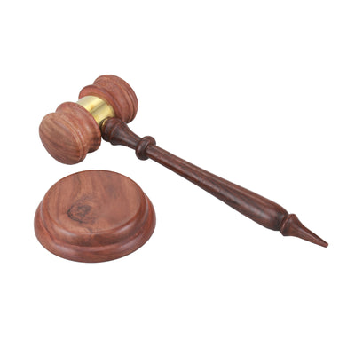 Wooden Gavel And Round Block Set With Brass Work, Natural Brown