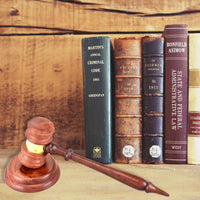 Wooden Gavel And Round Block Set With Brass Work, Natural Brown