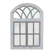 Arched Wooden Framed Window Wall Panel with Inserted Mirror, Distressed White and Clear