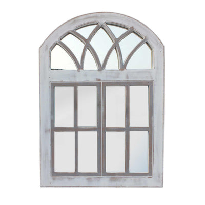 Arched Wooden Framed Window Wall Panel with Inserted Mirror, Distressed White and Clear