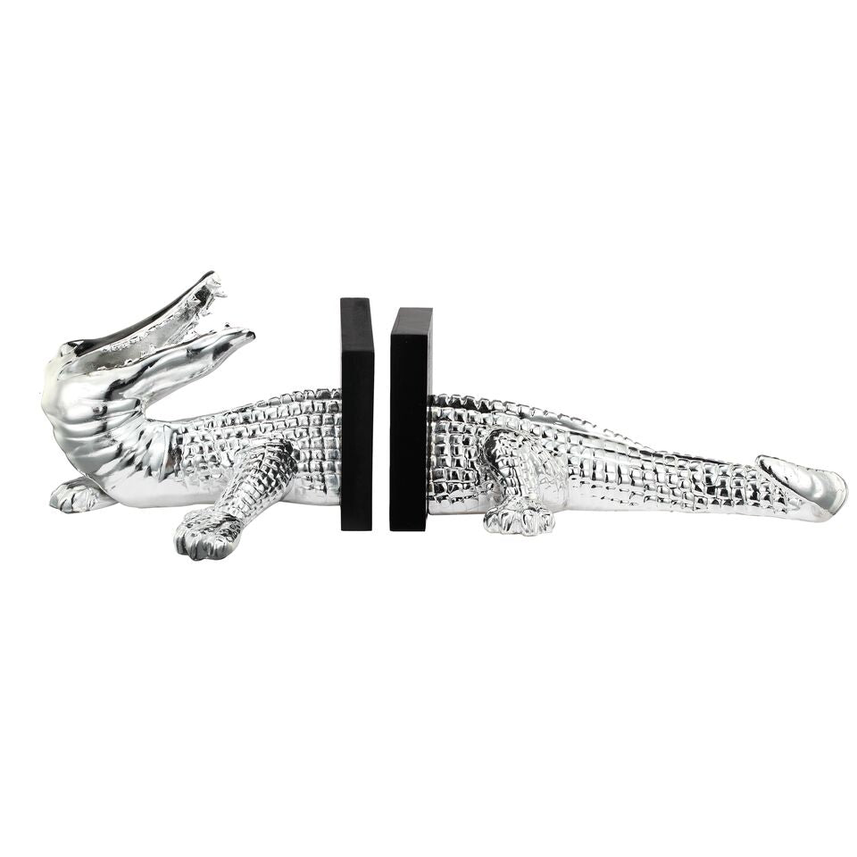 Resin Crocodile Bookends, Set of 2, Silver and Black