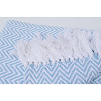 Chevron Cotton Throw With Knotted Fringe Ends, Aqua Blue And White