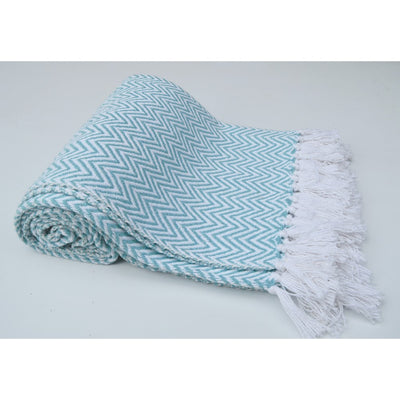 Chevron Cotton Throw With Knotted Fringe Ends, Aqua Blue And White