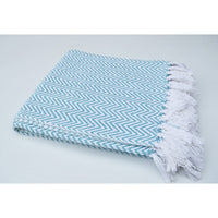 Chevron Cotton Throw With Knotted Fringe Ends, Aqua Blue And White
