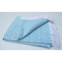 Diamond Patterned Cotton Throw, Aqua Blue And White