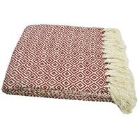 Diamond Pattern Cotton Throw With Fringed Ends, RustIvory