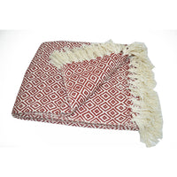 Diamond Pattern Cotton Throw With Fringed Ends, RustIvory