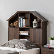 Twin Size Hut Style Bookcase Headboard In Wood, Dark Walnut Brown