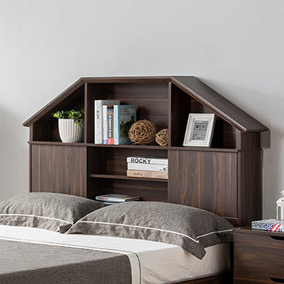 Full Size Hut Style Bookcase Headboard In Wood, Dark Walnut Brown