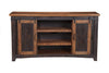 Dual Tone Wood and Metal TV Stand With 2 Mesh Style Doors, Antique Black and Brown