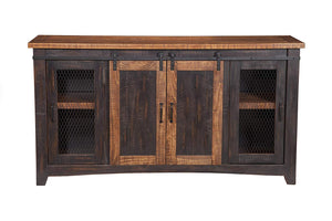 Dual Tone Wood and Metal TV Stand With 2 Mesh Style Doors, Antique Black and Brown