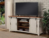Dual Tone Wood and Metal TV Stand With 2 Mesh Style Doors, White and Brown