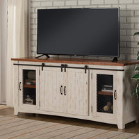 Dual Tone Wood and Metal TV Stand With 2 Mesh Style Doors, White and Brown