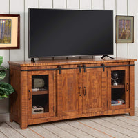 Wood and Metal TV Stand With 2 Mesh Style Doors, Honey Tobacco Brown