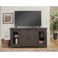 Wood and Metal TV Stand With 2 Mesh Styled Doors, Gray