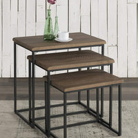 3 Piece Pine wood and Metal Nesting Table, Brown