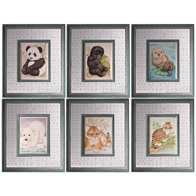 Wooden Framed Wall Art With Winsome Animals, Multicolor, Set of 6