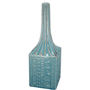 Patterned Ceramic Garden Vase With Elongated Top, Blue