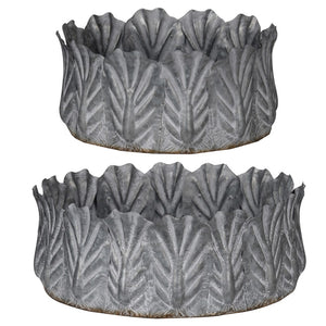 Galvanized Metal Bowls With Embossed Design, Gray, Set of 2