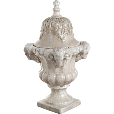 Embossed Terracotta Urn With Lid, Cream