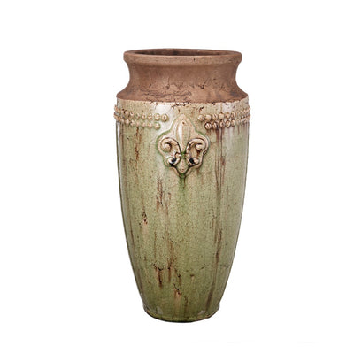 Ceramic Bronzed Decorative Vase With Embossed Design, Green and Brown