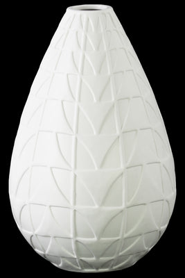 Round Ceramic Vase With Embossed Triangle Design, Matte White