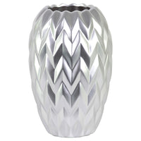 Round Ceramic Vase With Embossed Wave Design, Large, Matte Silver