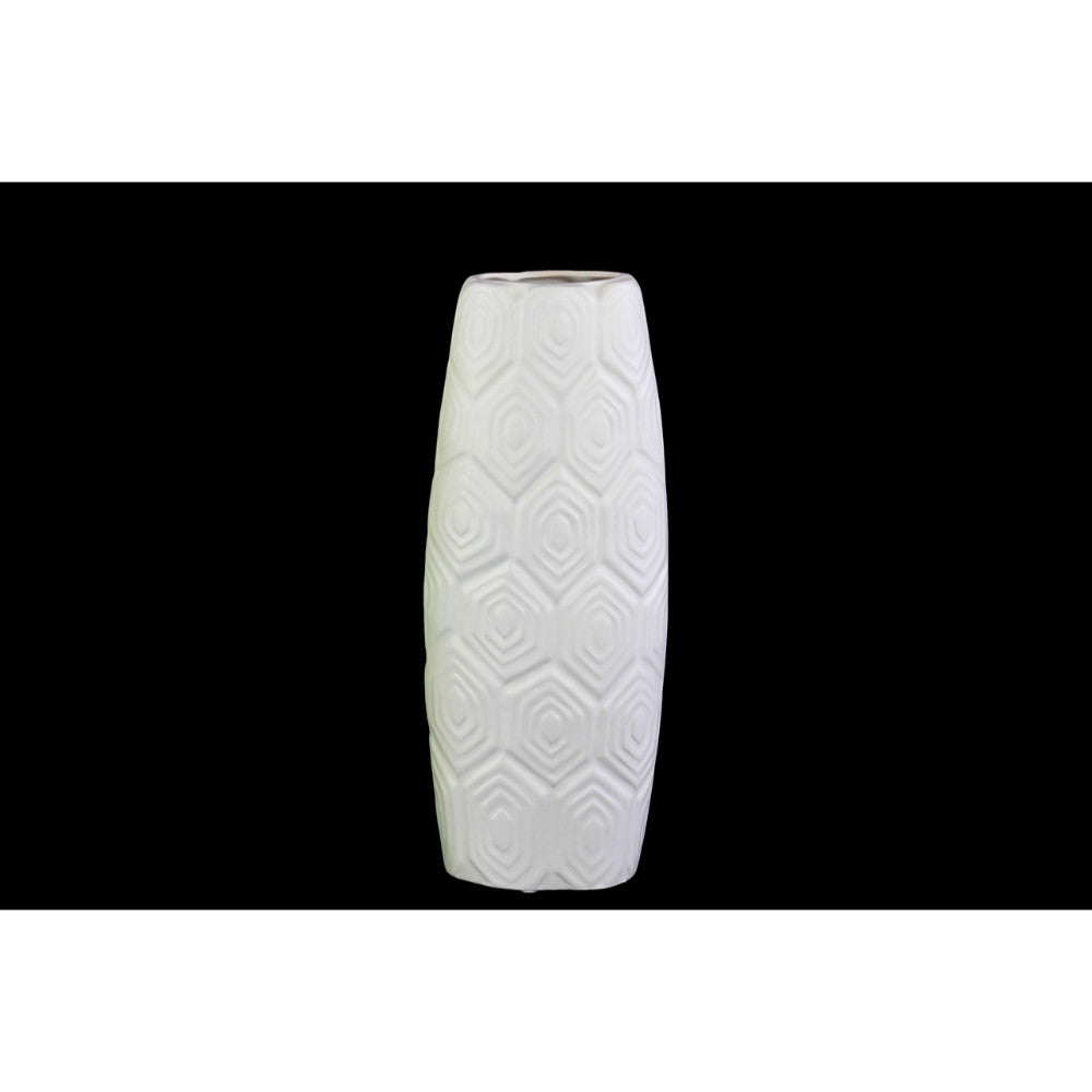 Oval Shape Ceramic Vase With Embossed Geometric Pattern, Matte White
