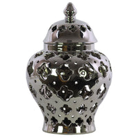 Cutout Quatrefoil Pattern Ceramic Urn Vase With Tapered Bottom, Large, Silver