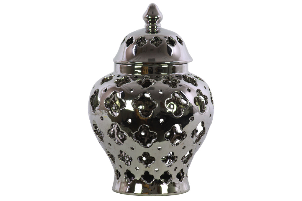 Cutout Quatrefoil Pattern Ceramic Urn Vase With Tapered Bottom, Large, Silver