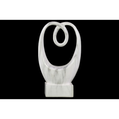 Abstract Ceramic Sculpture With Marbleized Streaks Mounted On Base, White