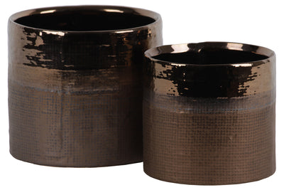 Cylindrical Ceramic Pot With Banded Gold Polished Rim, Set of 2, Gold