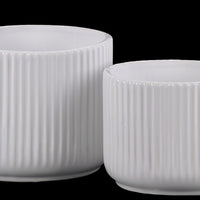 Ribbed Patterned Ceramic Pot With  Tapered Bottom, Glossy White, Set of 2