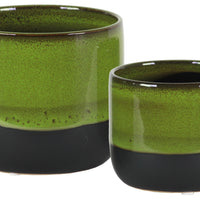 Round Stoneware Pot With Tapered Bottom, Set Of 2, Green And Black