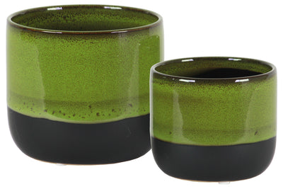 Round Stoneware Pot With Tapered Bottom, Set Of 2, Green And Black