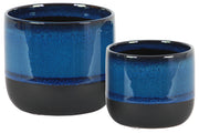 Round Stoneware Pot With Tapered Bottom, Set Of 2, Blue And Black