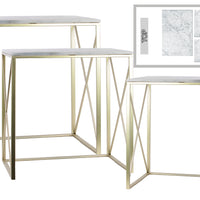 Metal Nesting Console Table With Marble Top, Champagne Silver, Set of 3