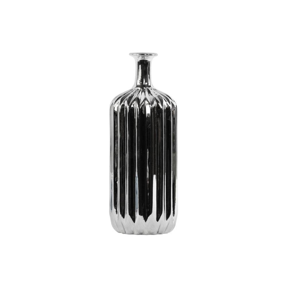 Ceramic Bottle Vase With Corrugated Belly, Silver