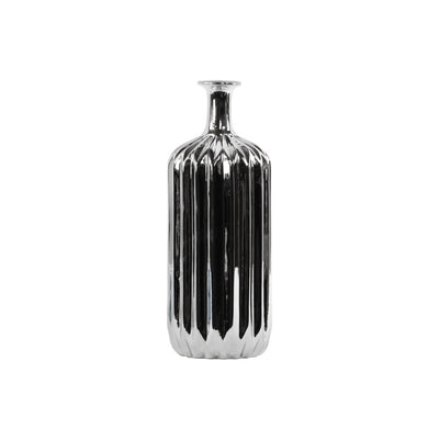 Ceramic Bottle Vase With Corrugated Belly, Silver