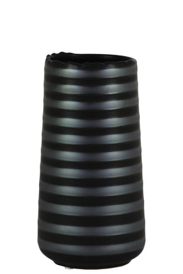 Cylindrical Stoneware Vase With Ribbed Pattern, Small, Black And Gray