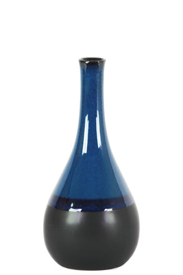 Bellied Stoneware Vase With Black Banded Rim, Small, Glossy Blue