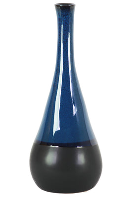 Bellied Stoneware Vase With Black Banded Rim, Large, Glossy Blue