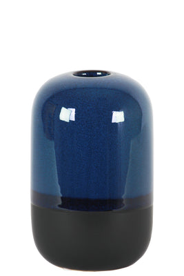 Cylindrical Stoneware Vase With Black Banded Rim Bottom, Small, Glossy Blue