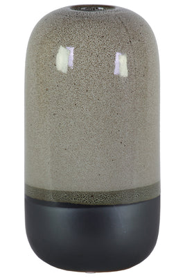 Cylindrical Stoneware Vase With Black Banded Rim Bottom, Large, Glossy Gray