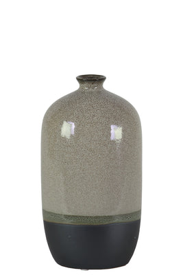Stoneware Bottle Vase With Black Banded Rim Bottom, Small, Glossy Gray