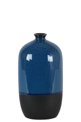 Stoneware Bottle Vase With Black Banded Rim Bottom, Small, Glossy Blue